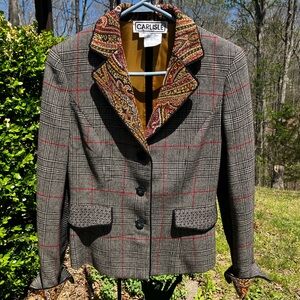 Vintage Carlisle Blazer Jacket Gray Red Plaid Tweed Paisley Trim Size 4